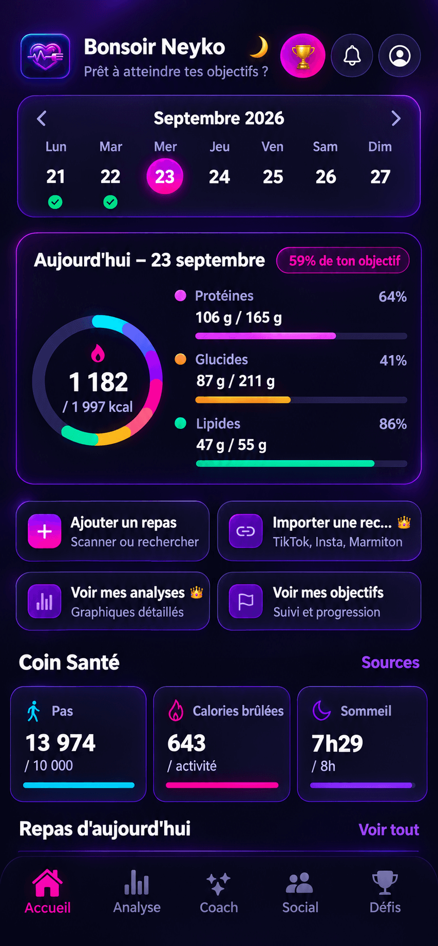 Accueil Neyko : 1 840 kilocalories suivies, macros et repas du jour