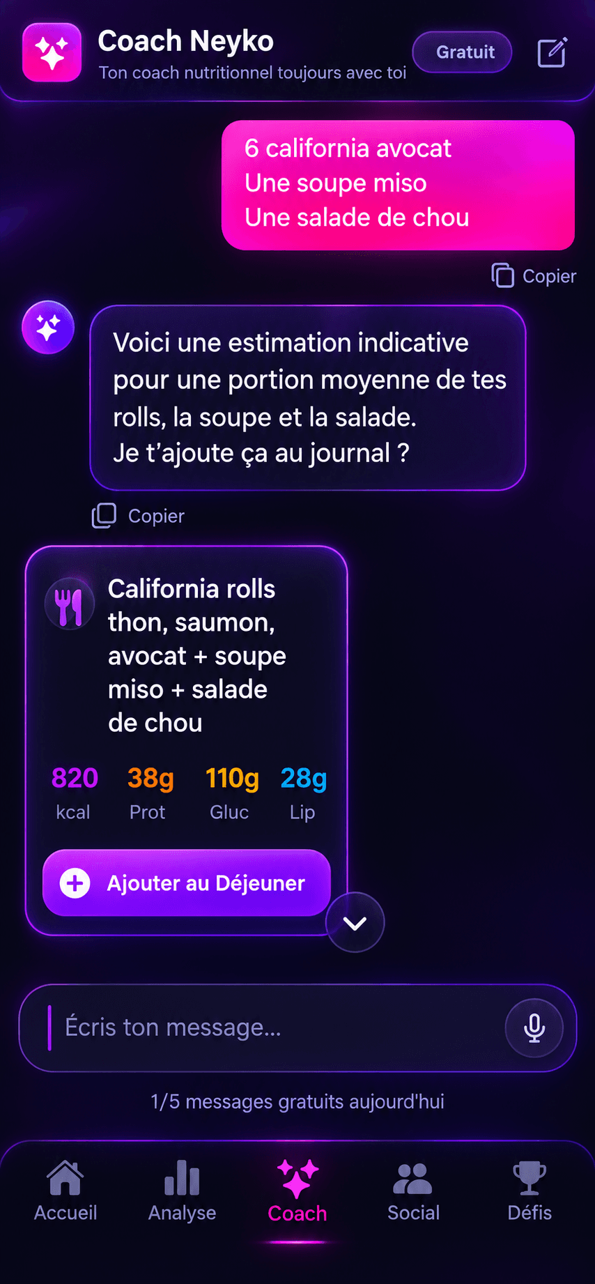 Coach IA Neyko : conversation pour estimer un repas et l’ajouter au journal
